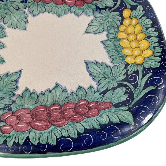 Hand-Painted 14" Square Ceramic Serving Plate With Grapes & Leaves Design - Picture 3 of 11